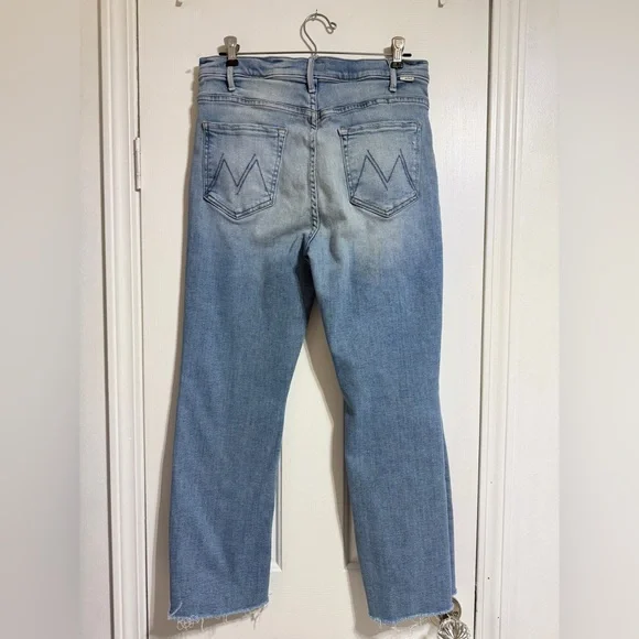 MOTHER The Hustler High Rise cropped Leg Ankle Fray Jeans Au Revoir size 32